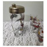 One Vintage Mid Century Glass Cocktail Shaker Drink Mixer and 6 Glasses set featuring the Pheasant Birds from the likely produced by Hazel-Atlas Glass Company.