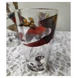 One Vintage Mid Century Glass Cocktail Shaker Drink Mixer and 6 Glasses set featuring the Pheasant Birds from the likely produced by Hazel-Atlas Glass Company.