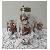One Vintage Mid Century Glass Cocktail Shaker Drink Mixer and 6 Glasses set featuring the Pheasant Birds from the likely produced by Hazel-Atlas Glass Company.