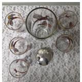 One Vintage Mid Century Glass Cocktail Shaker Drink Mixer and 6 Glasses set featuring the Pheasant Birds from the likely produced by Hazel-Atlas Glass Company.