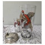 One Vintage Mid Century Glass Cocktail Shaker Drink Mixer and 6 Glasses set featuring the Pheasant Birds from the likely produced by Hazel-Atlas Glass Company.