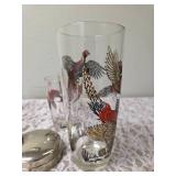 One Vintage Mid Century Glass Cocktail Shaker Drink Mixer and 6 Glasses set featuring the Pheasant Birds from the likely produced by Hazel-Atlas Glass Company.