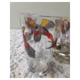 One Vintage Mid Century Glass Cocktail Shaker Drink Mixer and 6 Glasses set featuring the Pheasant Birds from the likely produced by Hazel-Atlas Glass Company.