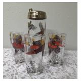 One Vintage Mid Century Glass Cocktail Shaker Drink Mixer and 6 Glasses set featuring the Pheasant Birds from the likely produced by Hazel-Atlas Glass Company.