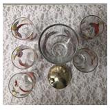 One Vintage Mid Century Glass Cocktail Shaker Drink Mixer and 6 Glasses set featuring the Pheasant Birds from the likely produced by Hazel-Atlas Glass Company.