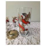 One Vintage Mid Century Glass Cocktail Shaker Drink Mixer and 6 Glasses set featuring the Pheasant Birds from the likely produced by Hazel-Atlas Glass Company.