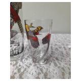 One Vintage Mid Century Glass Cocktail Shaker Drink Mixer and 6 Glasses set featuring the Pheasant Birds from the likely produced by Hazel-Atlas Glass Company.