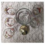 One Vintage Mid Century Glass Cocktail Shaker Drink Mixer and 5 Glasses set featuring the Pheasant Birds from the likely produced by Hazel-Atlas Glass Company.