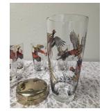 One Vintage Mid Century Glass Cocktail Shaker Drink Mixer and 5 Glasses set featuring the Pheasant Birds from the likely produced by Hazel-Atlas Glass Company.
