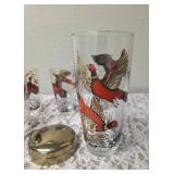 One Vintage Mid Century Glass Cocktail Shaker Drink Mixer and 5 Glasses set featuring the Pheasant Birds from the likely produced by Hazel-Atlas Glass Company.