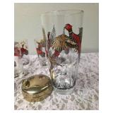 One Vintage Mid Century Glass Cocktail Shaker Drink Mixer and 5 Glasses set featuring the Pheasant Birds from the likely produced by Hazel-Atlas Glass Company.