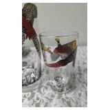 One Vintage Mid Century Glass Cocktail Shaker Drink Mixer and 5 Glasses set featuring the Pheasant Birds from the likely produced by Hazel-Atlas Glass Company.