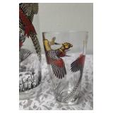 One Vintage Mid Century Glass Cocktail Shaker Drink Mixer and 5 Glasses set featuring the Pheasant Birds from the likely produced by Hazel-Atlas Glass Company.