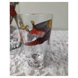 One Vintage Mid Century Glass Cocktail Shaker Drink Mixer and 5 Glasses set featuring the Pheasant Birds from the likely produced by Hazel-Atlas Glass Company.