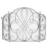 3-Panel Wrought Iron Metal Fireplace Screen Cover w/ Scroll Design - 55x33in, Pewter