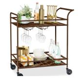 2-Tier Rolling Bar Cart Indoor/Outdoor w/ Shelves, Wine Rack, Locking Wheels, Brown