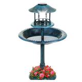 Solar Lighted Outdoor Pedestal Bird Bath w/ Planter, Decorative Bird Cage, Blue