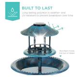 Solar Lighted Outdoor Pedestal Bird Bath w/ Planter, Decorative Bird Cage, Blue
