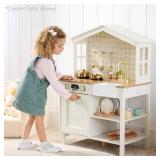 Pretend Play Wooden Farmhouse Kitchen Set w/ Storage, 5 Accessories, White (Box Open on One End)