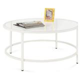 Round Tempered Glass Coffee Table w/ Steel Frame - 36in, White
