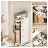 Garvee Slim Bathroom Cabinet with Wheels 4-Tier Waterproof Plastic Storage Toilet Paper Holder Compact Organizer for Small Spaces 7.1in Wide White
