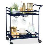 2-Tier Rolling Bar Cart Indoor/Outdoor w/ Shelves, Wine Rack, Locking Wheels