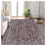 Persian Brown 9x12 Vintage Floral Boho Area Rug for Living Room Bedroom - Non Slip, Machine Washable Faux Wool - Low Pile, Kids & Pets Friendly