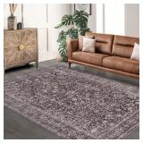 Persian Brown 9x12 Vintage Floral Boho Area Rug for Living Room Bedroom - Non Slip, Machine Washable Faux Wool - Low Pile, Kids & Pets Friendly