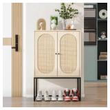 Allen 2 Door high cabinet, rattan, Built-in adjustable shelf, Easy Assembly, Free Standing Cabinet for Living Room Bedroom