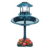 Solar Lighted Outdoor Pedestal Bird Bath w/ Planter, Decorative Bird Cage, Blue