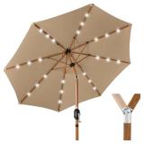 Woodgrain Pattern Solar LED Lighted Patio Umbrella w/ Adjustable Tilt - 10ft, Tan