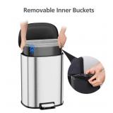 Garvee D-Shape Kitchen Trash Can 50L/13.2 Gal, Smudge Resistant Step-On Garbage Can with Lid, Stainless Steel Trash Bin with Removable Buckets, Soft-Close Lid