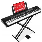 88-Key Full Size Digital Piano Electronic Keyboard Set for All Experience Levels w/Semi-Weighted Keys, Stand, Sustain Pedal, Built-In Speakers, 6 Voice Settings - Black