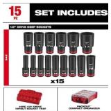 MILWAUKEE SHOCKWAVE Impact-Duty 1/2 in. Drive SAE Deep Well Impact PACKOUT Socket Set (15-Piece) MSRP $179.97