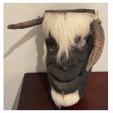 LL - African Tribal Mask with White Hair & Horns - Vintage Hand-Carved Wood