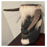 LL - African Tribal Mask with White Hair & Horns - Vintage Hand-Carved Wood