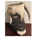 LL - African Tribal Mask with White Hair & Horns - Vintage Hand-Carved Wood