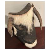 LL - African Tribal Mask with White Hair & Horns - Vintage Hand-Carved Wood