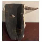LL - African Tribal Mask with White Hair & Horns - Vintage Hand-Carved Wood