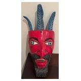 LL - Vintage Red Carved Wood Mask with Blue Leaf-Horn Antlers