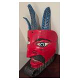 LL - Vintage Red Carved Wood Mask with Blue Leaf-Horn Antlers