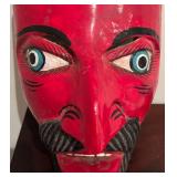 LL - Vintage Red Carved Wood Mask with Blue Leaf-Horn Antlers