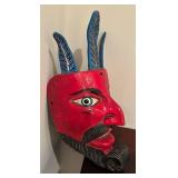 LL - Vintage Red Carved Wood Mask with Blue Leaf-Horn Antlers
