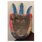 LL - Vintage Red Carved Wood Mask with Blue Leaf-Horn Antlers