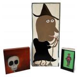 LLC - Halloween Original Art Trio: Witch Riding Broom, Skull on Wood, Devil in Frame