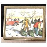 LLS - Emily Allen Original Artwork - Winter Scene with Snow, Workers & Red Pickup Truck