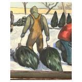 LLS - Emily Allen Original Artwork - Winter Scene with Snow, Workers & Red Pickup Truck