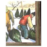LLS - Emily Allen Original Artwork - Winter Scene with Snow, Workers & Red Pickup Truck
