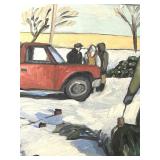 LLS - Emily Allen Original Artwork - Winter Scene with Snow, Workers & Red Pickup Truck