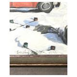 LLS - Emily Allen Original Artwork - Winter Scene with Snow, Workers & Red Pickup Truck
